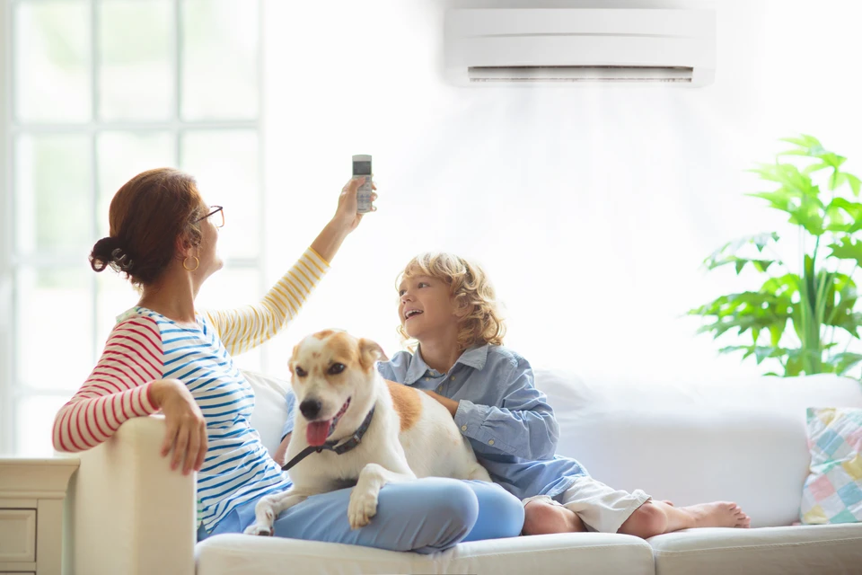 Mère et enfant avec télécommande de l'air conditionné