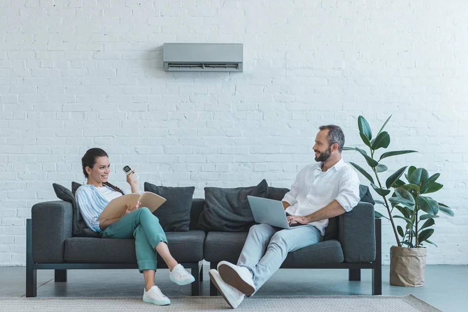 Intérieur moderne avec couple détendu sur canapé gris, femme tenant smartphone et livre, homme utilisant ordinateur portable