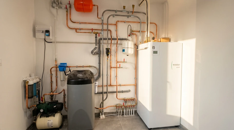 Plombier effectuant la maintenance d'un chauffe-eau électrique dans une salle de bains résidentielle